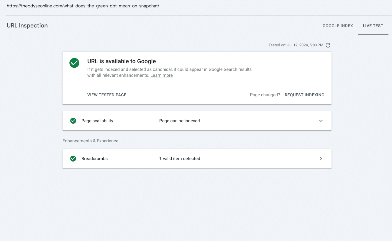live result of the url rendered by google bot